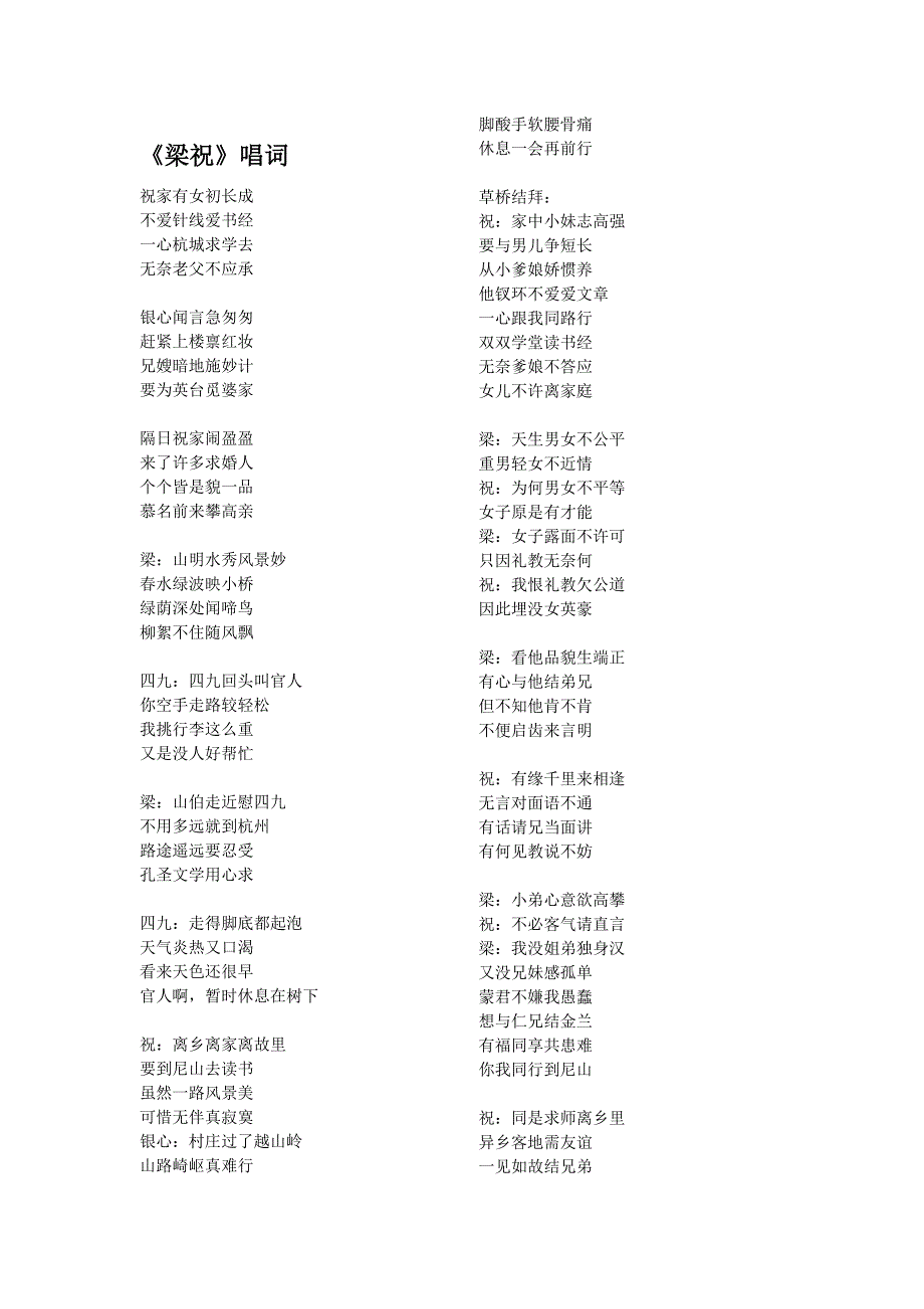 杨丽花电视歌仔戏《梁山伯与祝英台》唱词整理_第1页