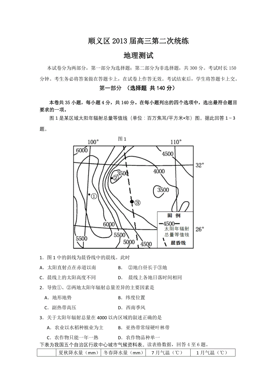 北京市顺义区2013届高三第二次统练文综地理含答案_第1页