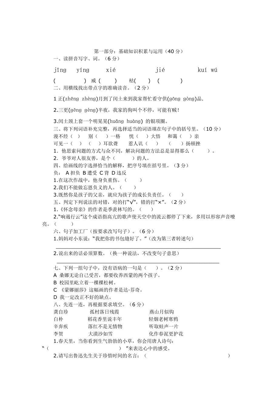 2010-2011年六年级语文上册期末考试卷(段寿永)_第5页