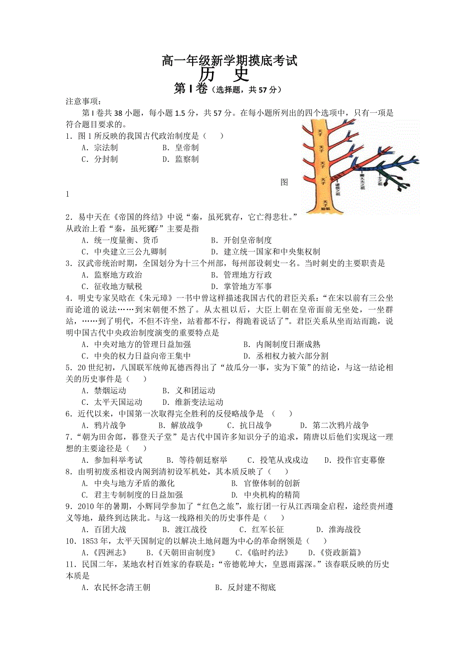 山东省临沂市临沭县2012-2013学年高一下学期摸底考试历史试题含答案_第1页