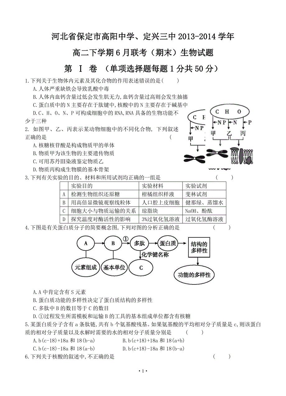 河北省保定市高阳中学、2013-2014学年高二下学期6月联考(期末)生物试题_第1页