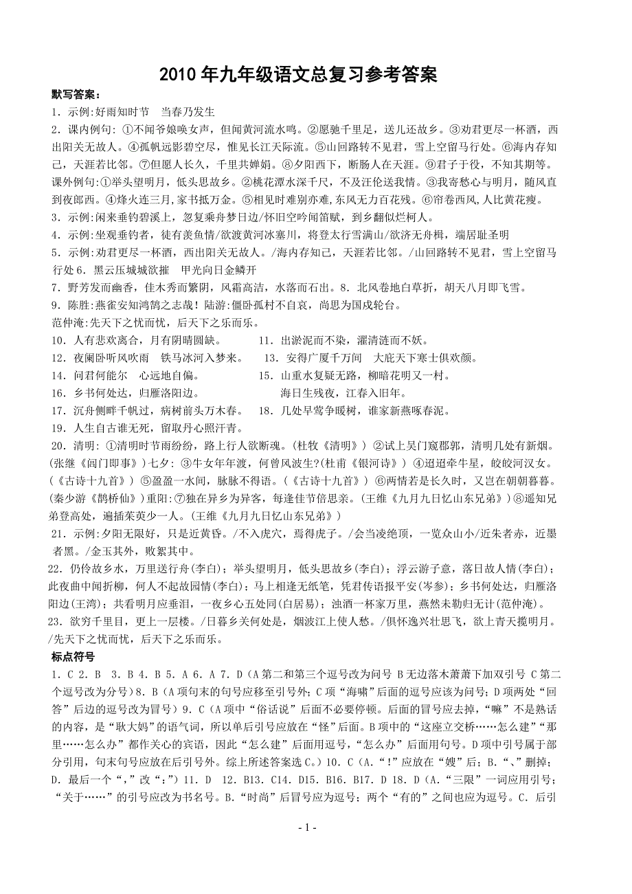 2010年九年级语文总复习参考答案.丁亚飞_第1页