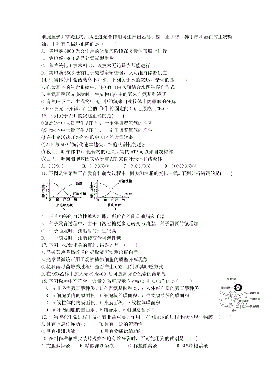 山东省2015届高三上学期第一次（10月）月考生物试题含答案_第3页