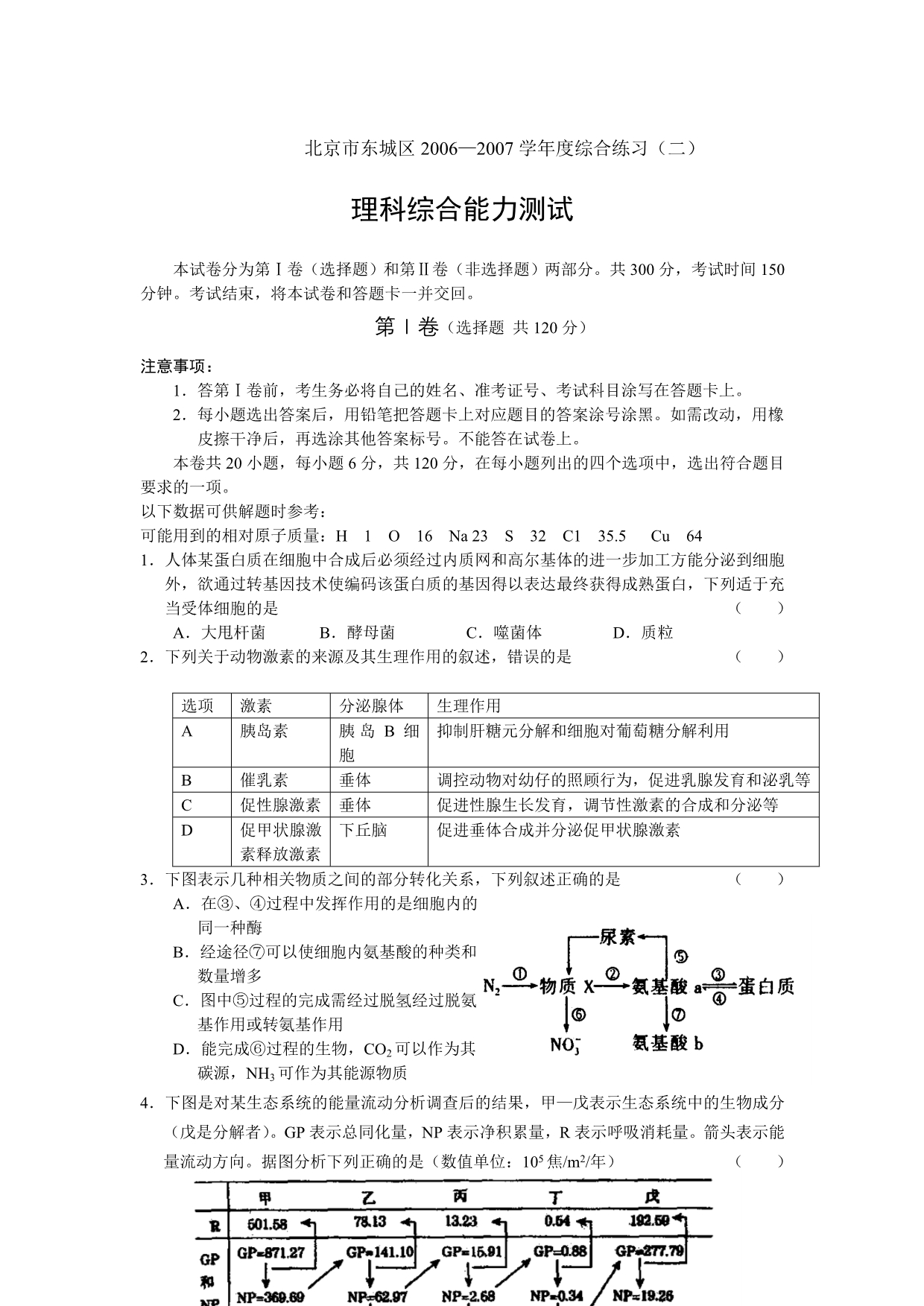 北京市东城区2007年二模试卷（理综）_第1页