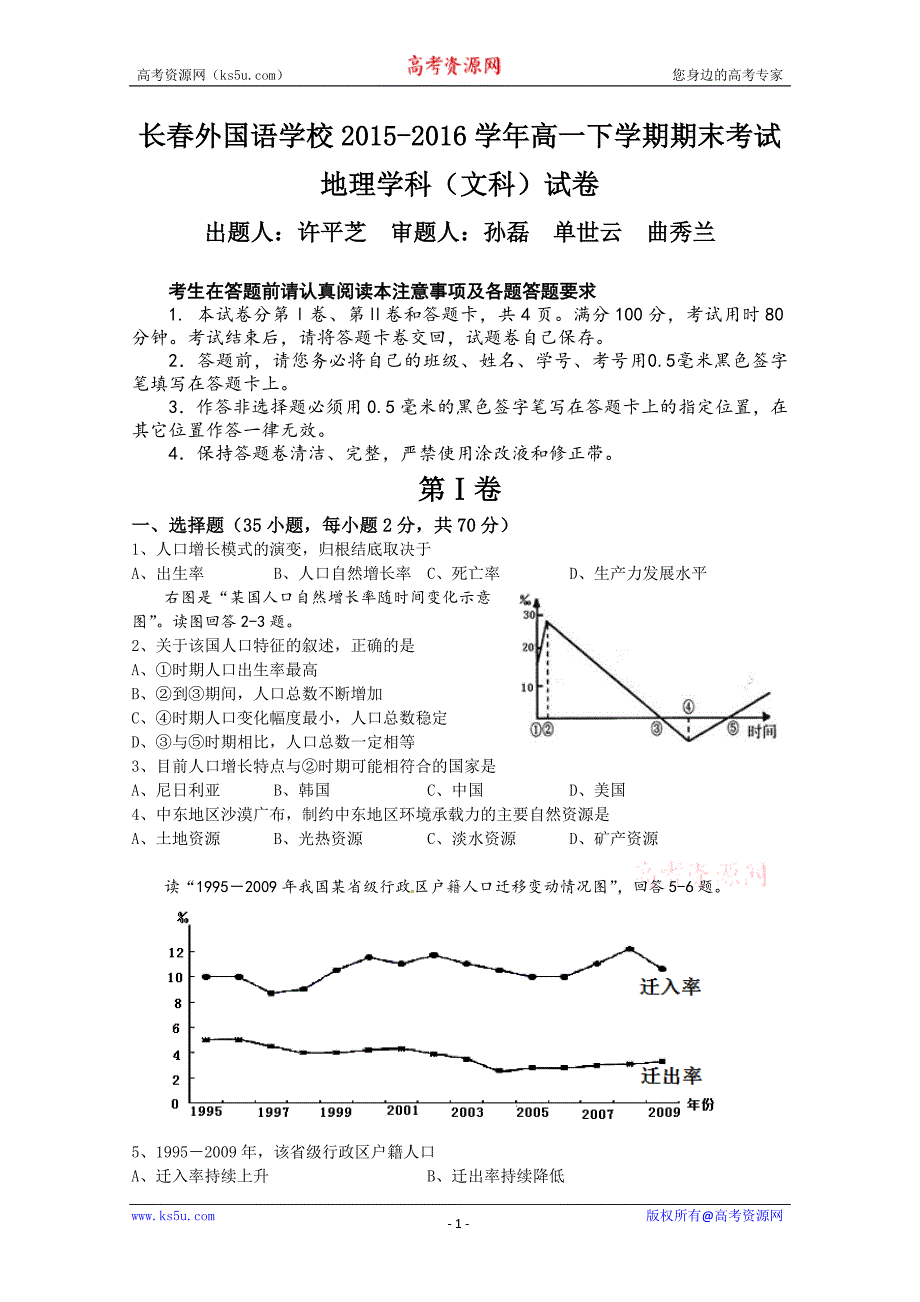 吉林2015-2016学年高一下学期期末考试试卷 地理（文） 含答案_第1页