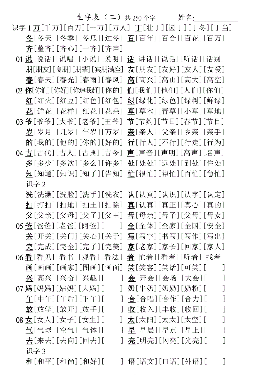 2012年人敎版一年级下册语文生字表组词(250个生字)_第1页