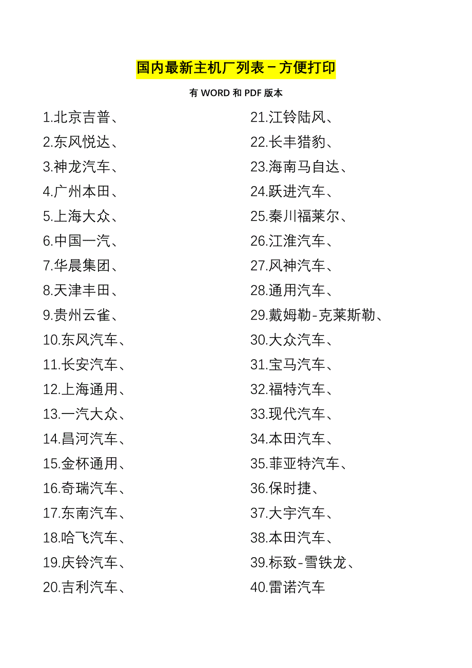 国内最新主机厂列表-方便打印_第1页