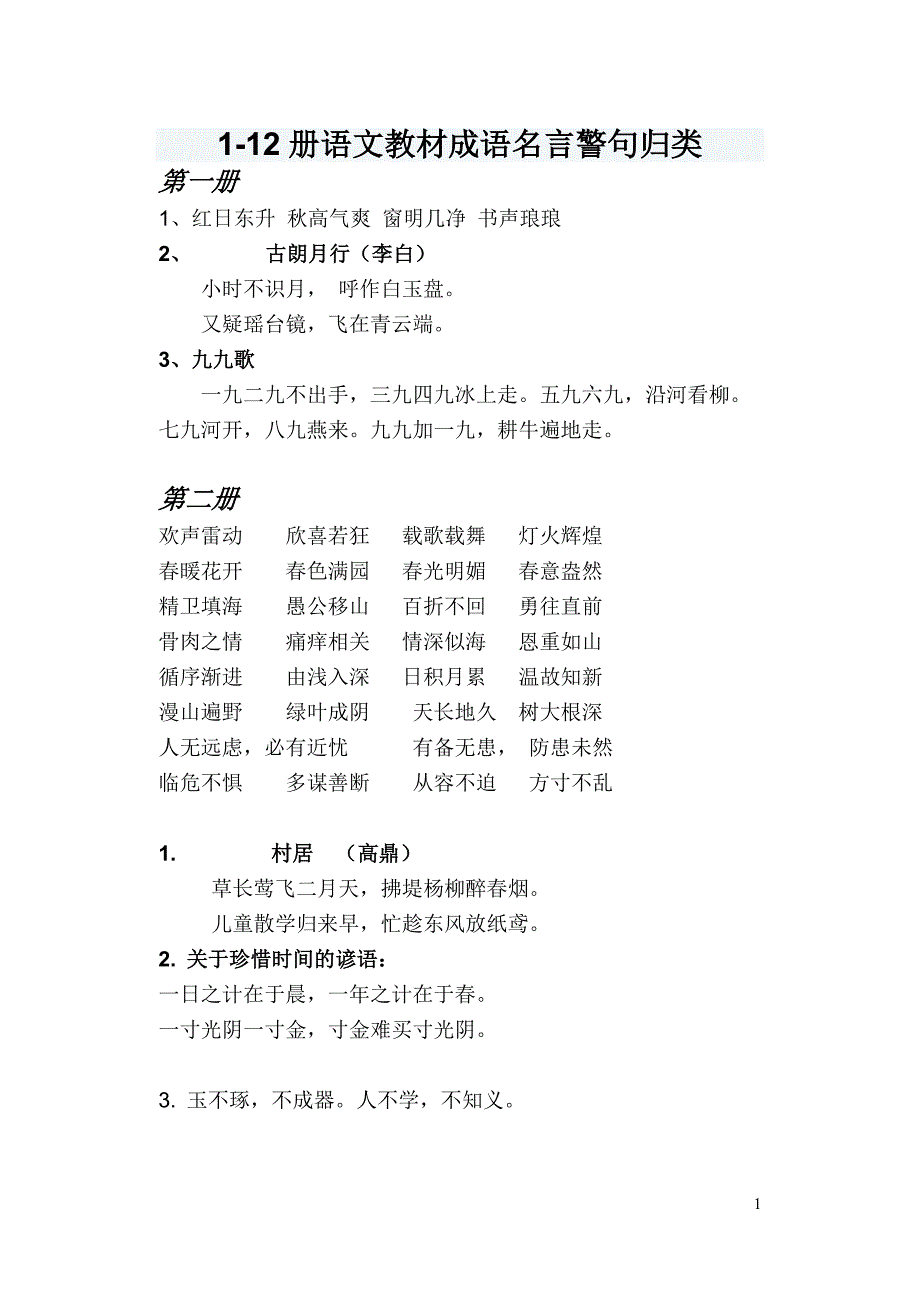 1-12册语文教材成语名言警句归类(meiwan)_第1页