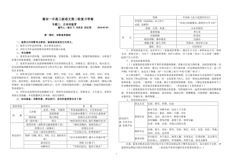 2010二轮复习古诗鉴赏安红明无敌版学案及答案 (2)_第1页