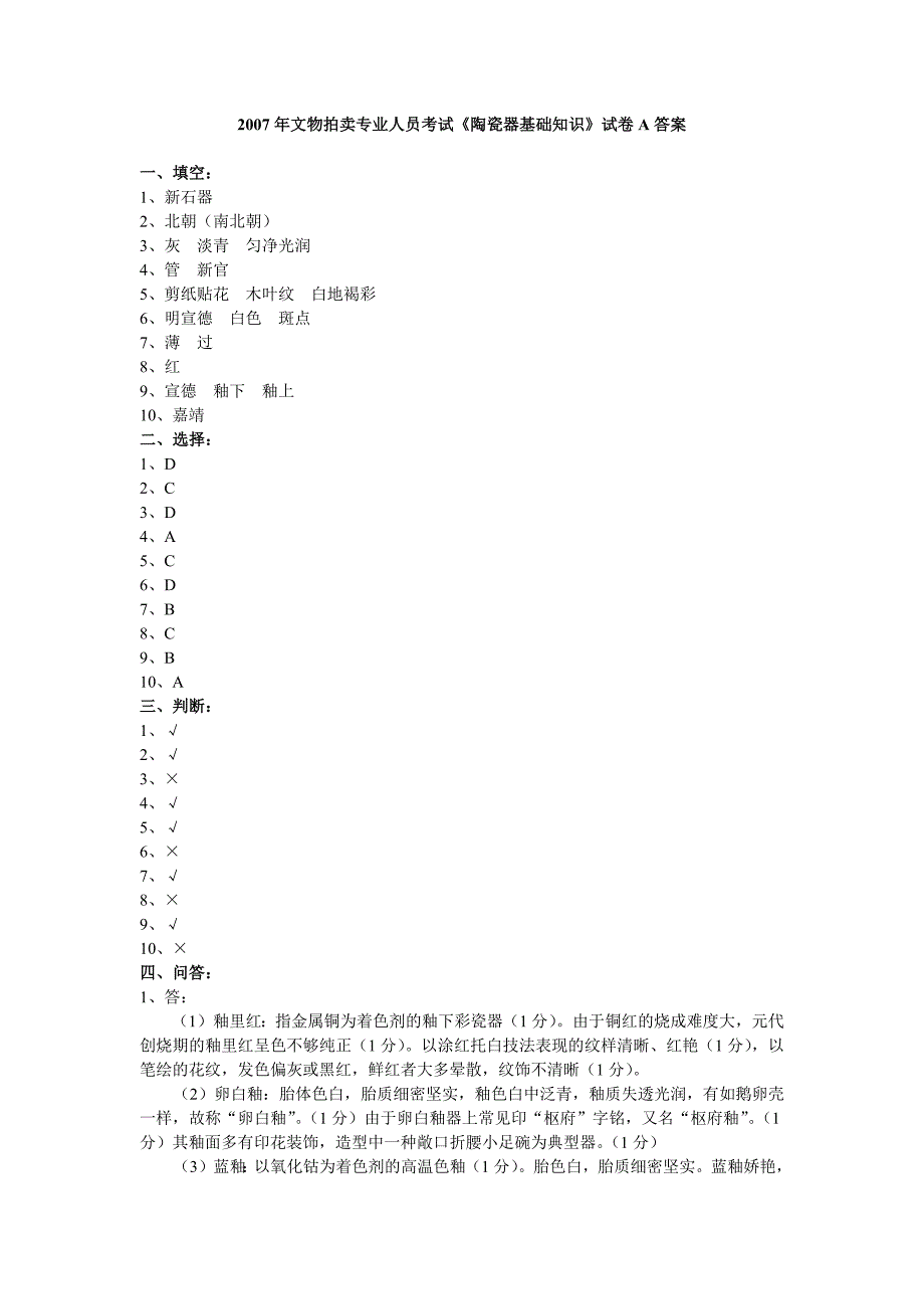 2007-2010年文物拍卖专业人员考试答案_第1页