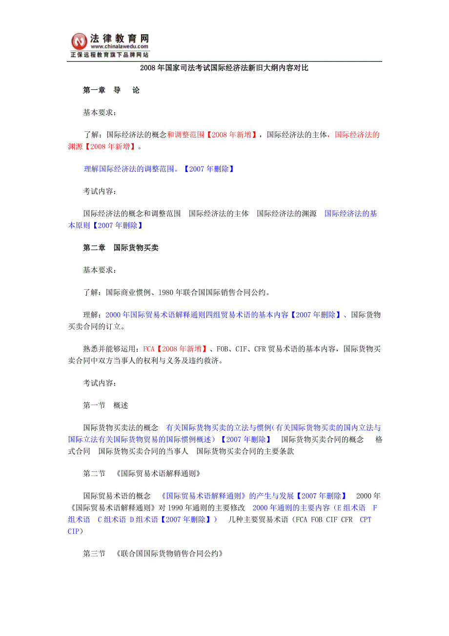 2008年国家司法考试国际经济法新旧大纲内容对比_第1页