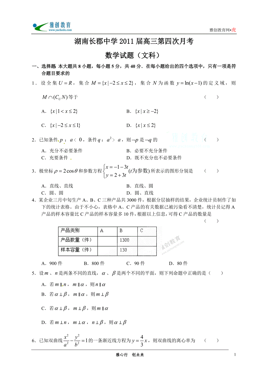 2010-2011湖南省高三第四次月考数学_第1页