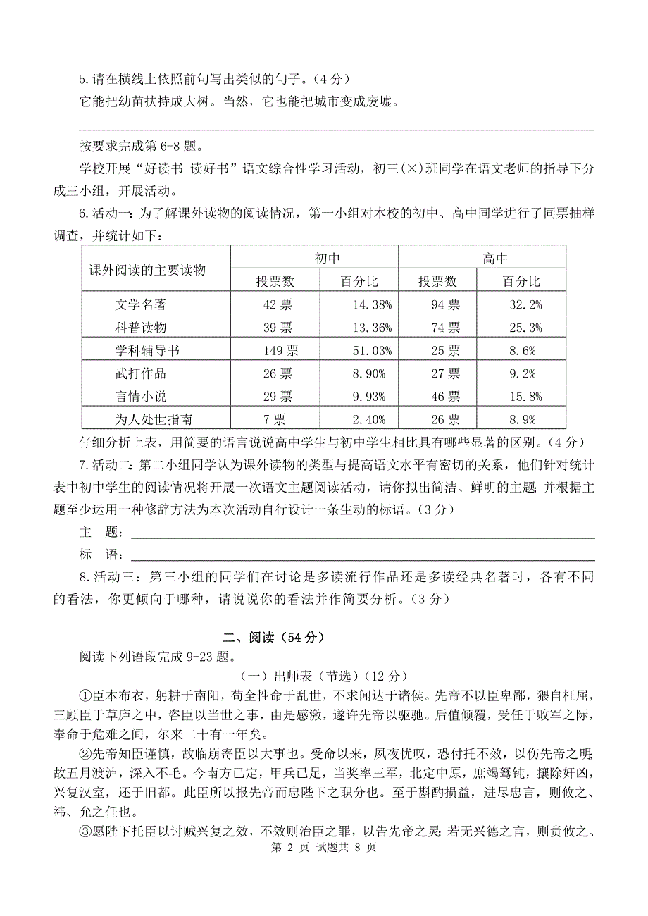 2009～2010学年度第一学期九年级教学质量评估语文试卷(含答案)_第2页