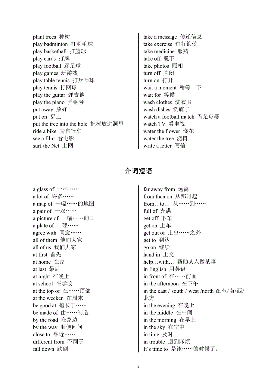 1小学六年级英语毕业复习资料【常用动词、介词短语】_第2页