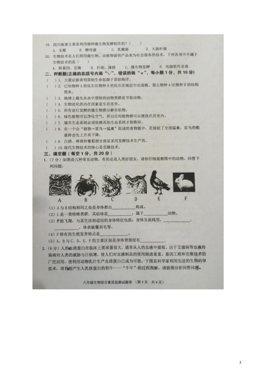 广东省普宁市2015-2016学年八年级生物下学期期末考试试题（扫描版） 北师大版_第3页