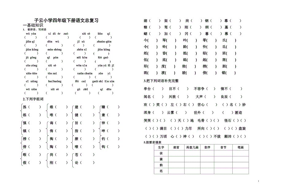 子云小学语文S版四年级下册总复习题(可直接打印)_第1页