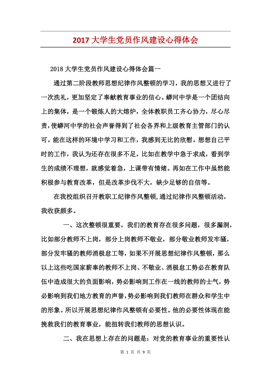2017大学生党员作风建设心得体会_第1页