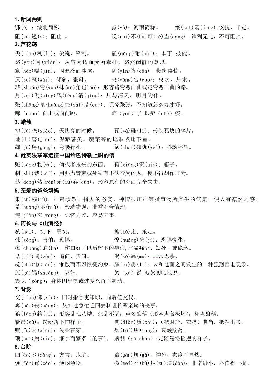 八年级上册语文课后课下字词注音解释_第1页