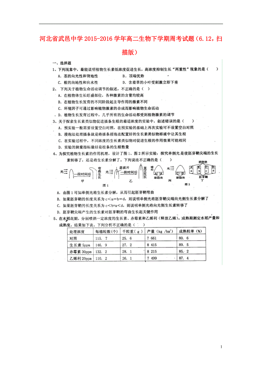 河北省武邑中学2015-2016学年高二生物下学期周考试题（6.12，扫描版）_第1页