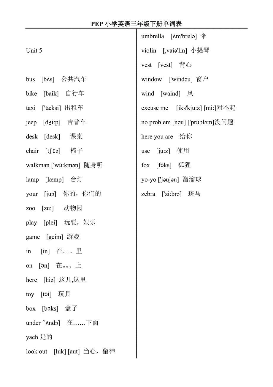 小学英语PEP三年级下册生字单词(带音标)_第5页