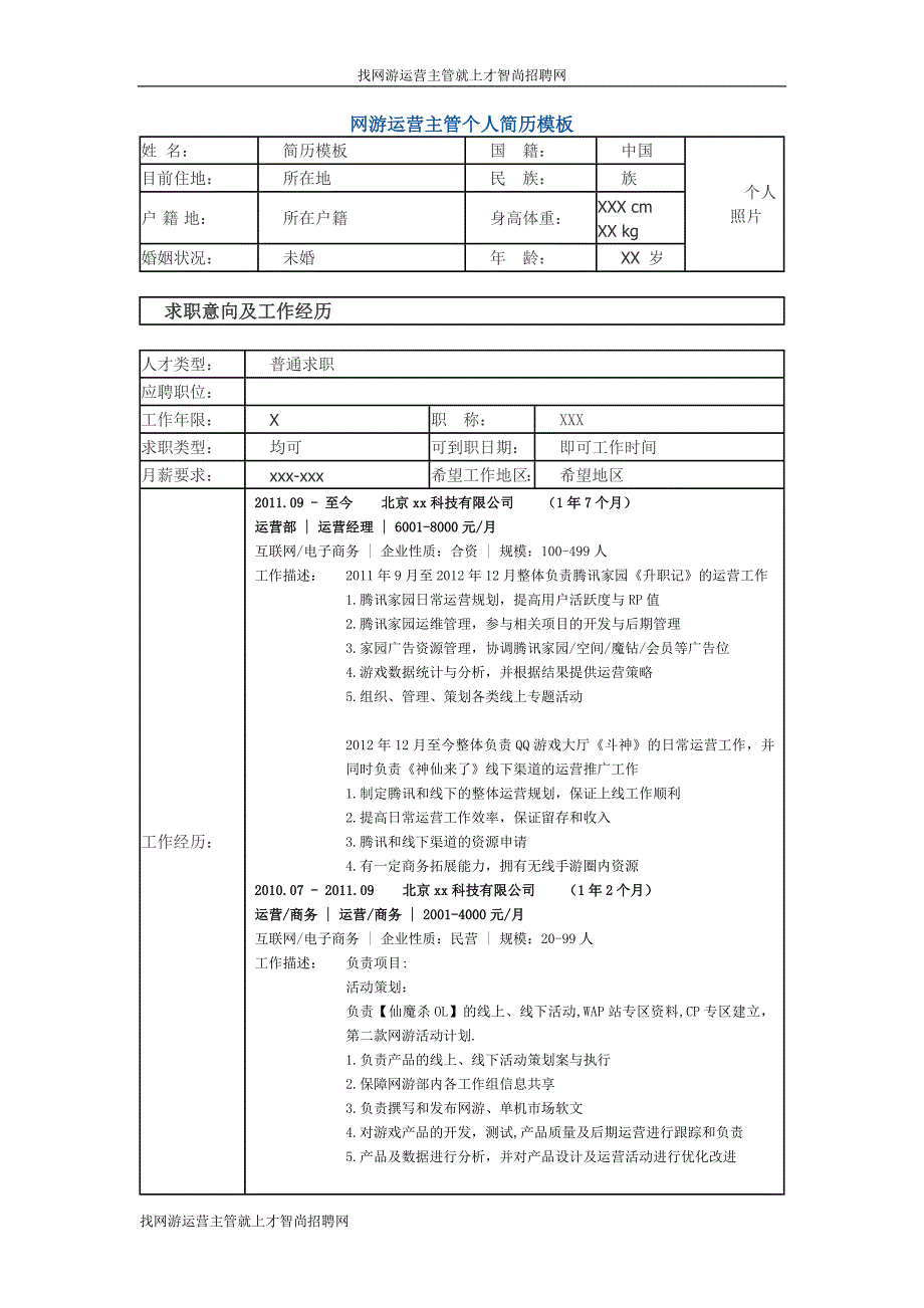 网游运营主管个人简历模板_第1页