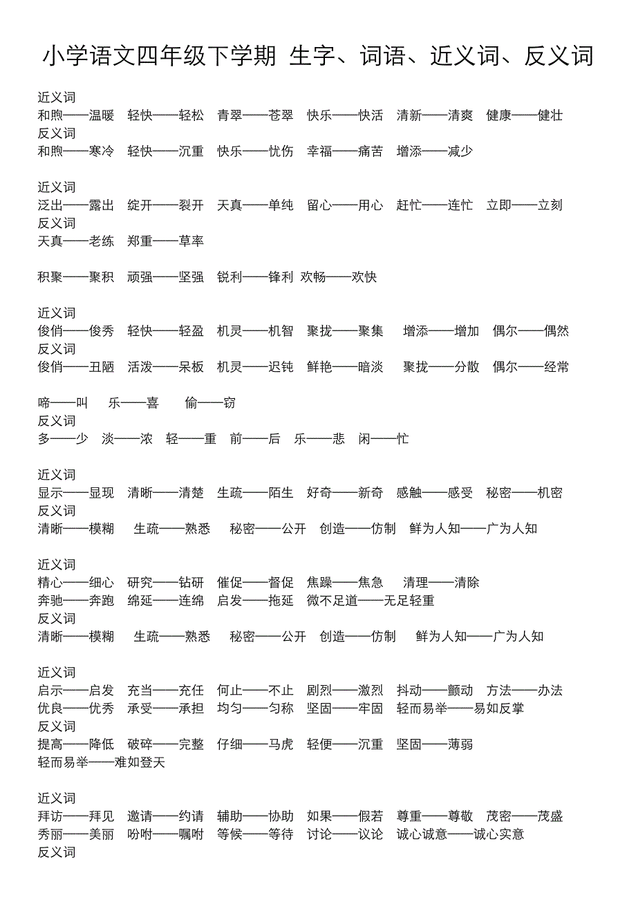 小学语文四年级下学期生字、词语、近、反义词_第1页
