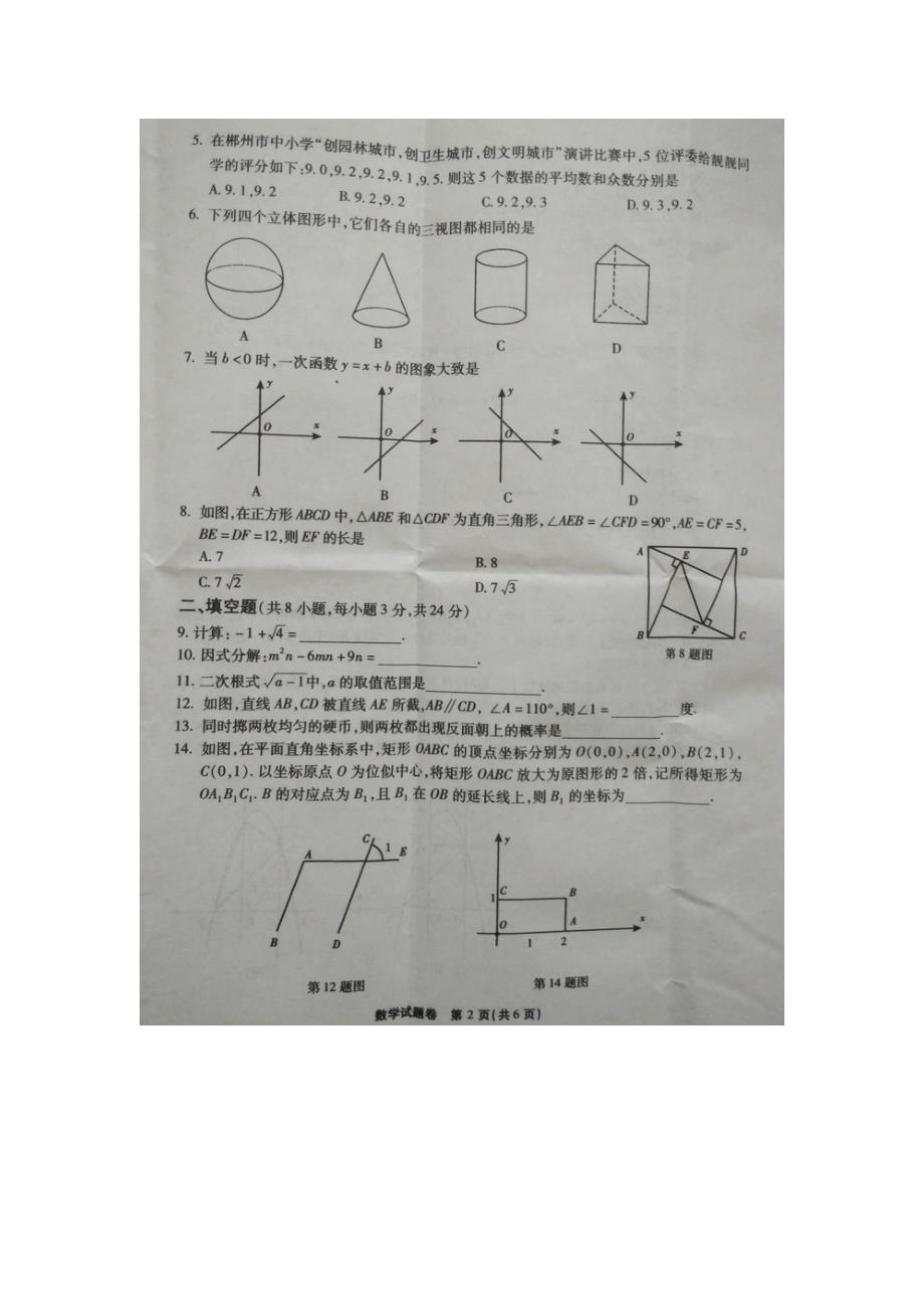 湖南省郴州市2016年中考数学真题试题（扫描版，无答案）_第2页