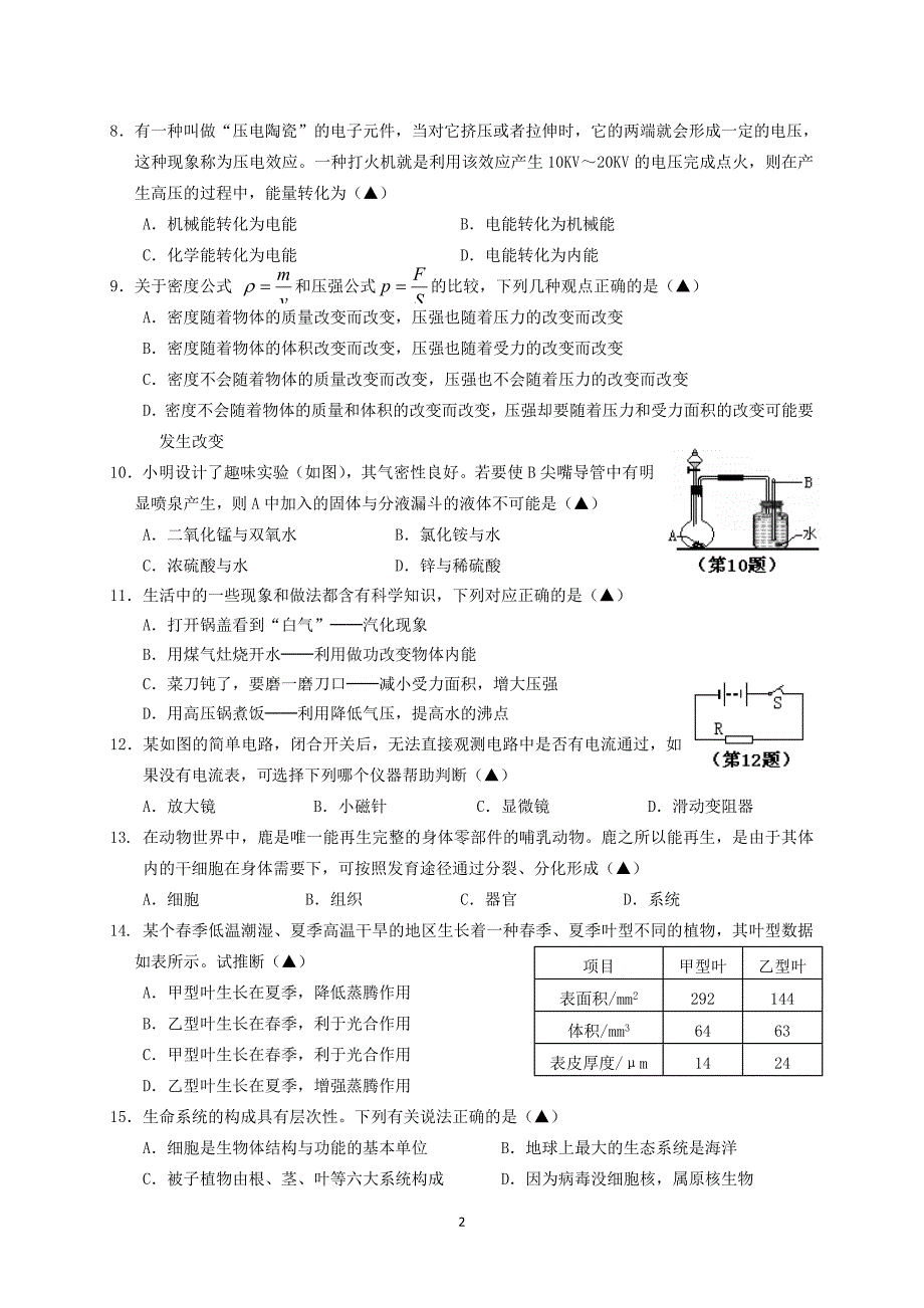 浙江省温岭市第三中学2012届九年级学业水平第三次模拟科学试题_第2页