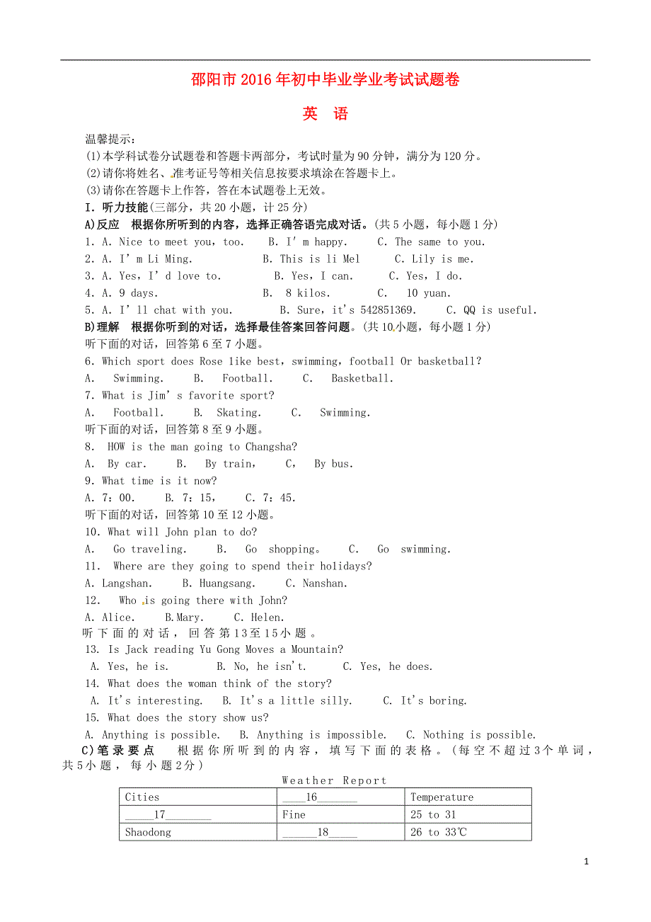 湖南省邵阳市2016年中考英语真题试题（无答案）_第1页