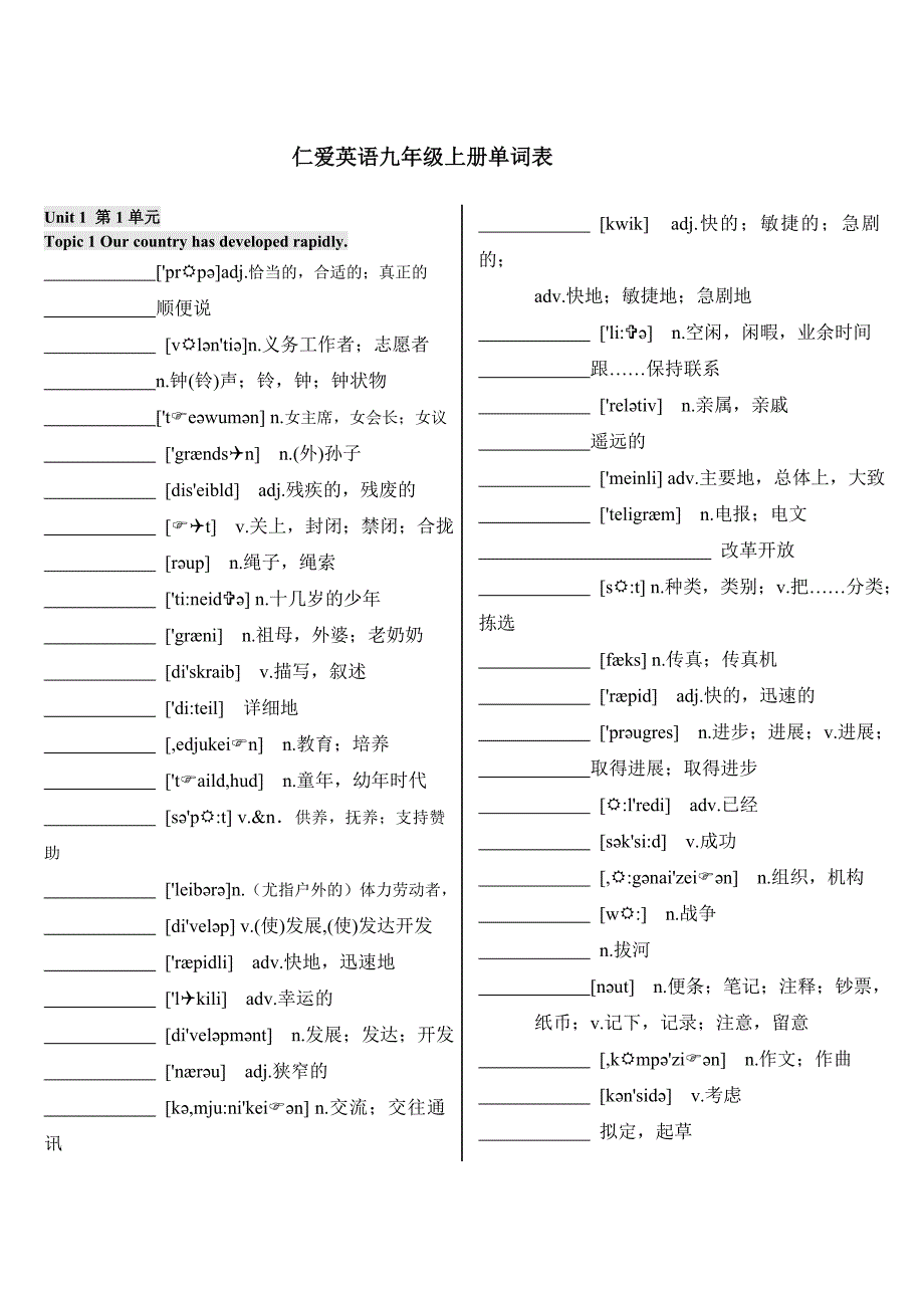 仁爱英语九年级上册单词表默写版(含音标)_第1页