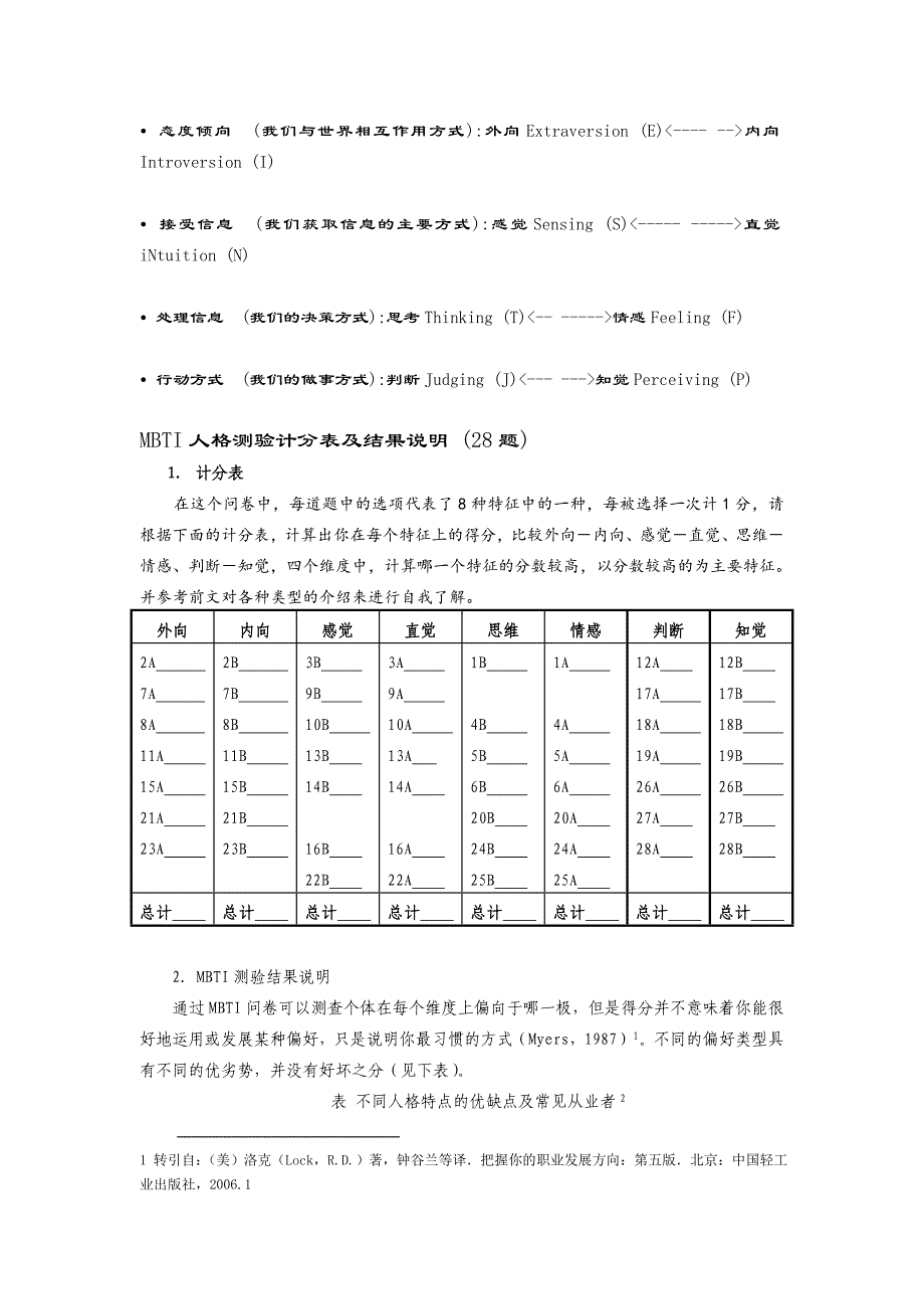 MBTI人格测验计分表及结果说明(28题)_第1页