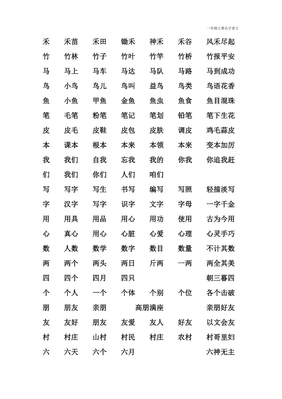 北师大版一年级上册认字表组词、成语_第2页