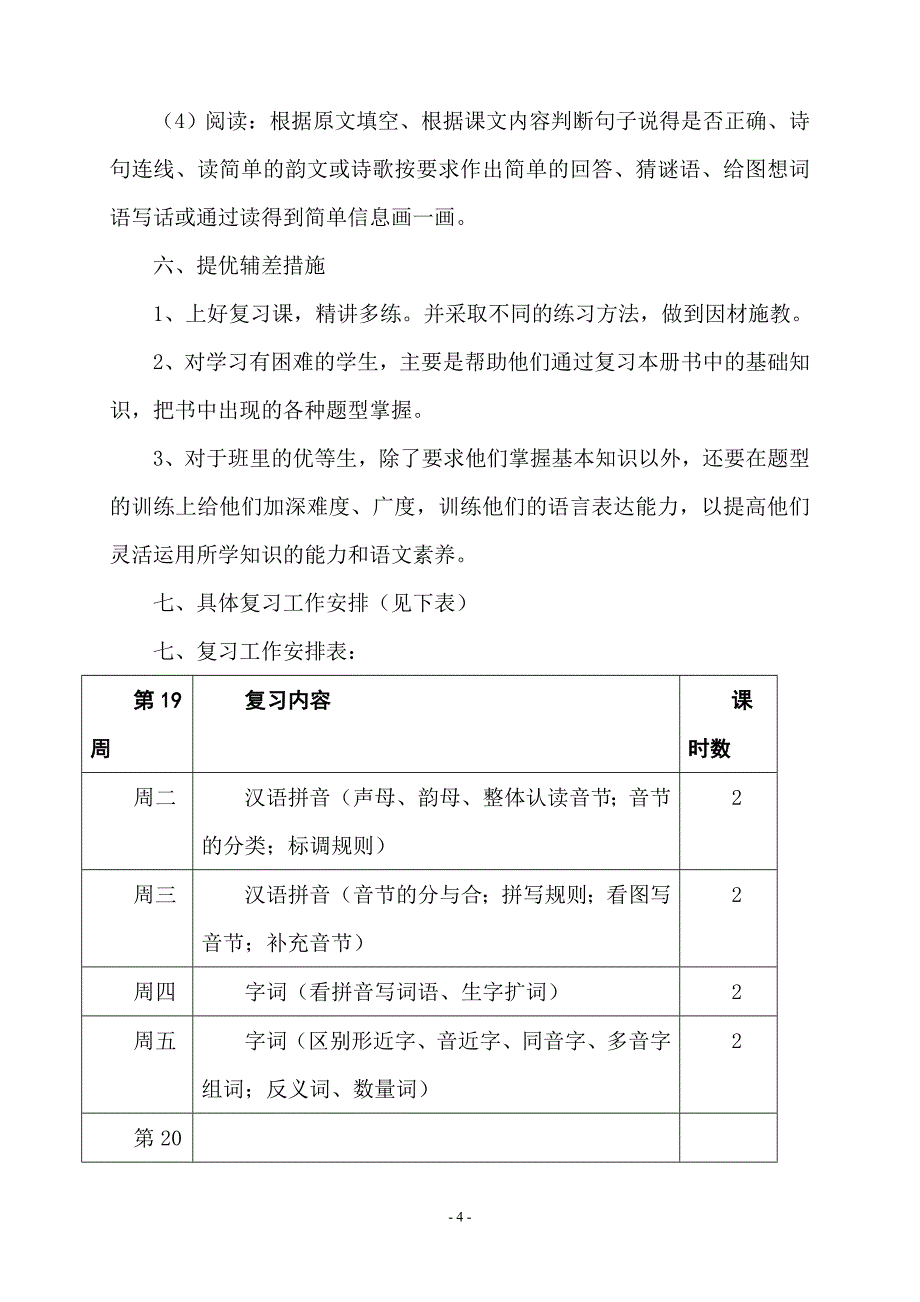 小学一年级语文上册期末复习计划_第4页