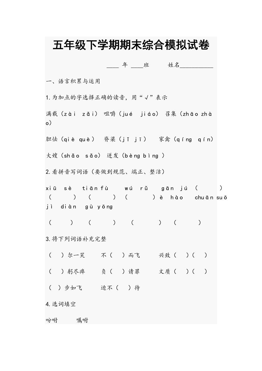 南大附小王一涵五年级下学期期末综合模拟试卷_第1页