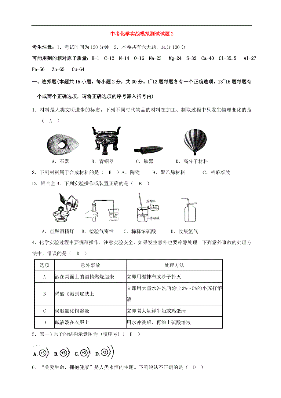 2012年中考化学实战模拟测试试题2_第1页