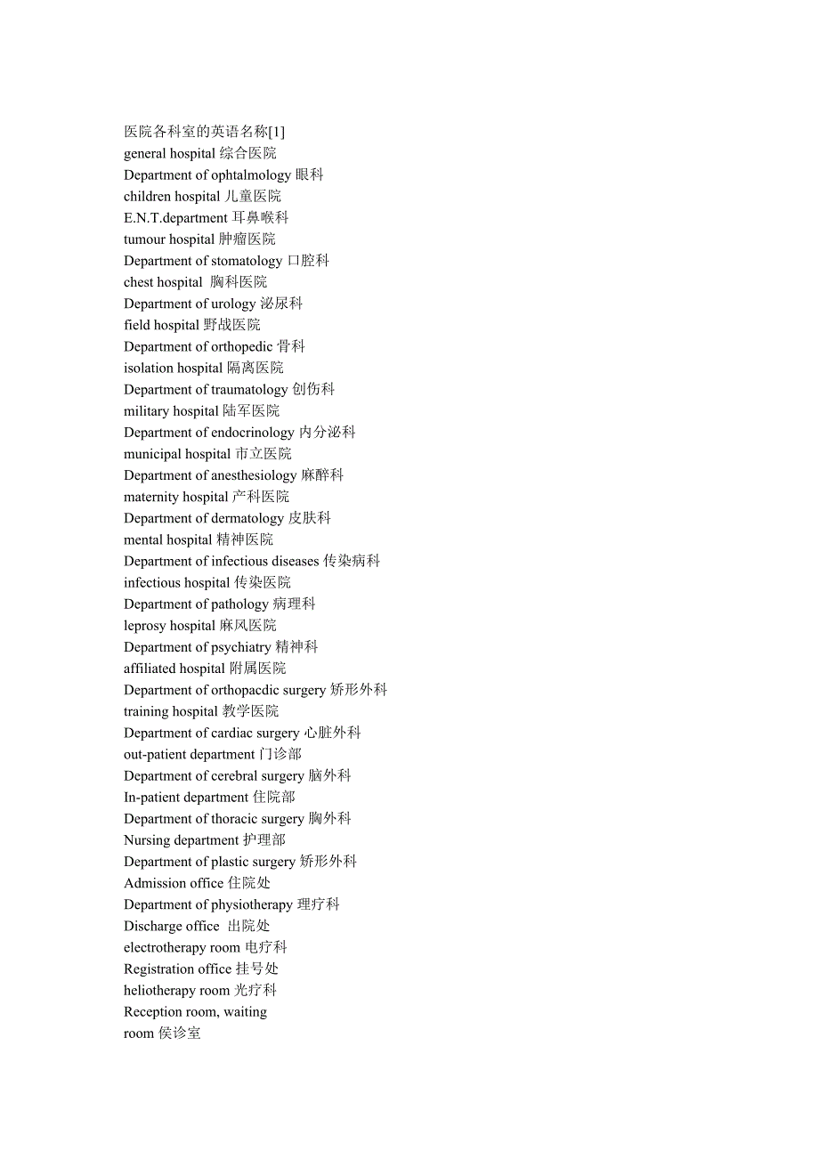 英语单词所有医院相关的职位部门等_第1页