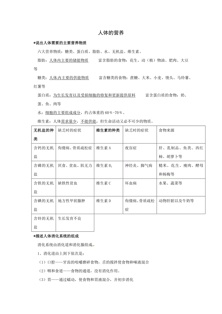 初中生物人体的营养知识点及复习题_第1页