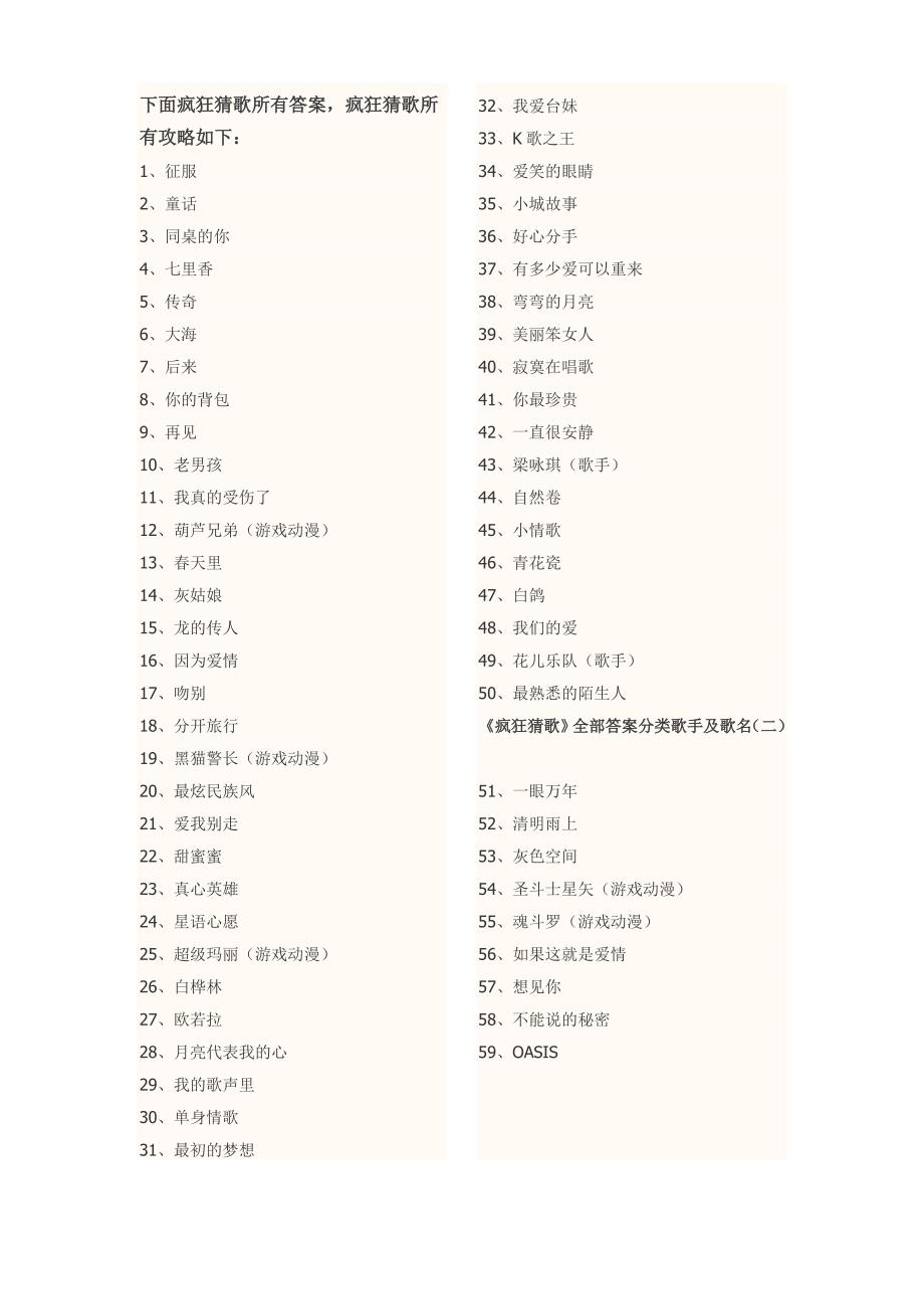 下面疯狂猜歌所有答案_第1页