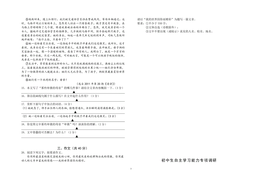 初中生自主学习能力专项调研八年级上语文期中试卷_第3页