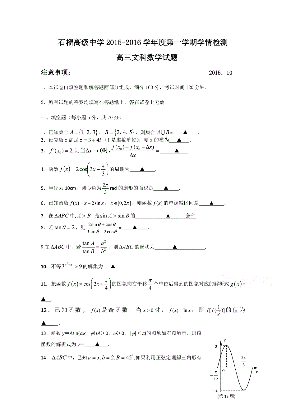 江苏省东海县2016届高三上学期第一次月考数学试题无答案_第1页