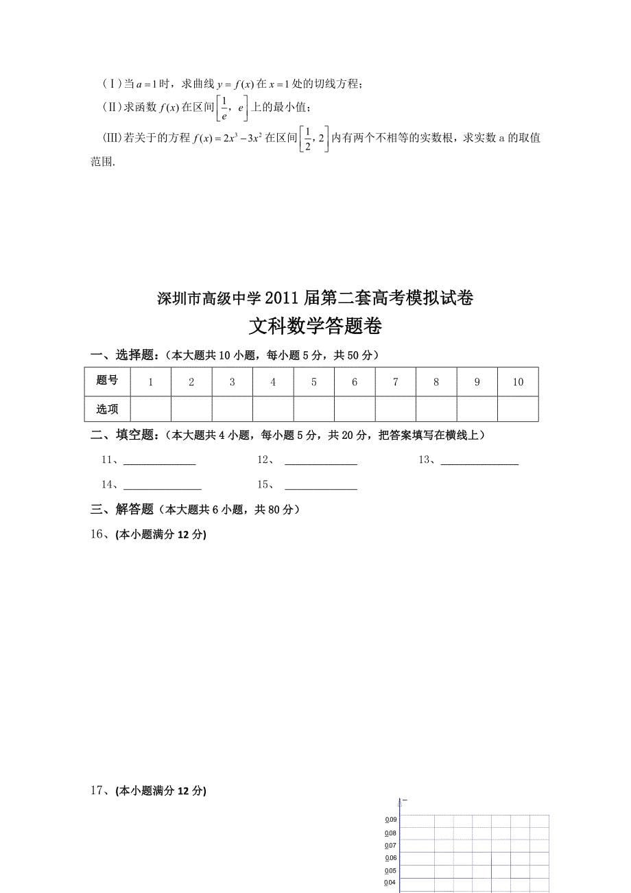 广东省深圳高级中学2011届高三高考前最后模拟试卷（数学文）_第5页