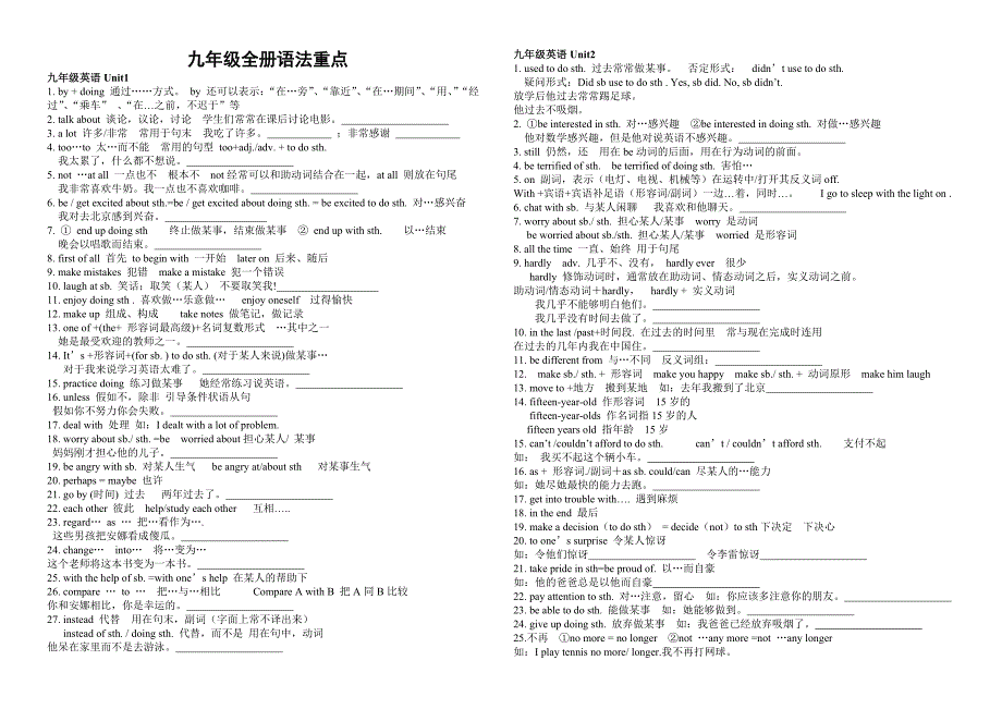 九年级全册词汇句型语法重点(共17页)_第1页