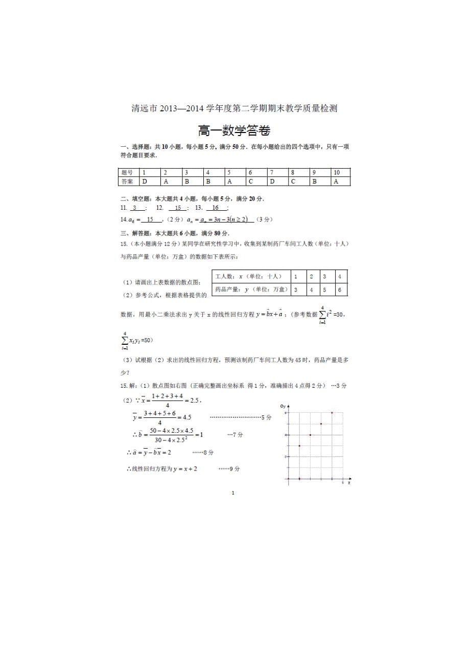 广东省清远市2013-2014学年高一下学期期末考试数学试题 扫描版含答案_第5页