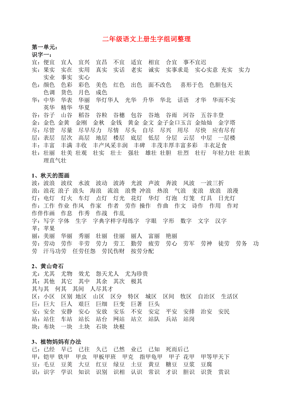 二年级语文上册生字组词整理_第1页