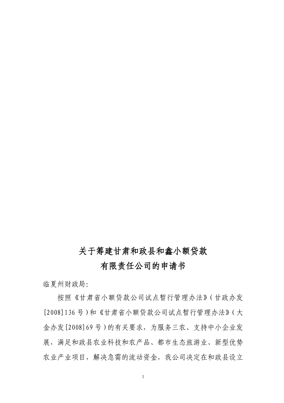 小额贷款公司筹建申请书成文_第1页