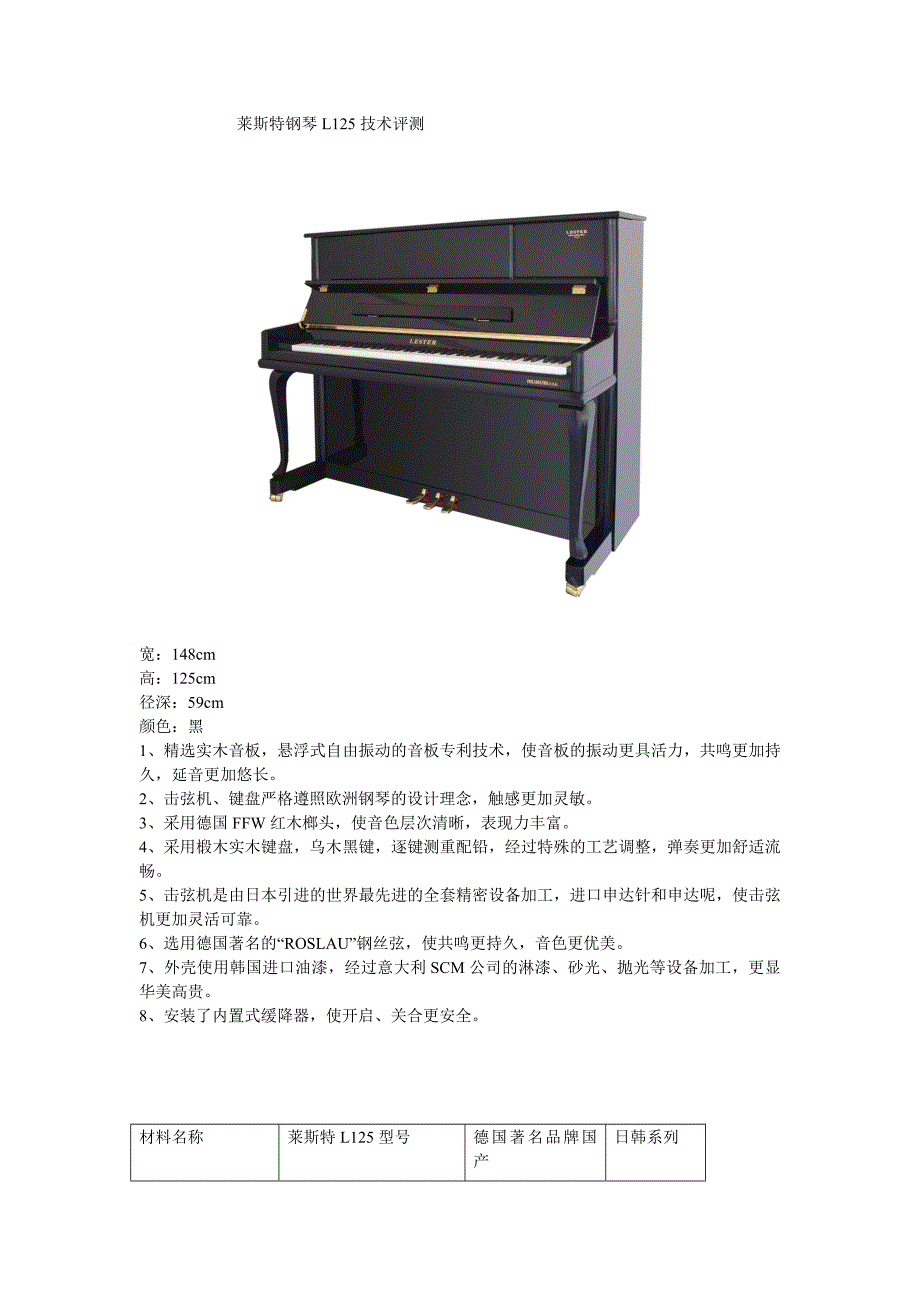 莱斯特钢琴L125型号产品信息及技术优势_第1页