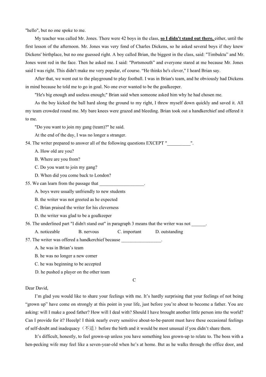 2013-2014学年高一下学期期中考试英语试题含答案_第5页