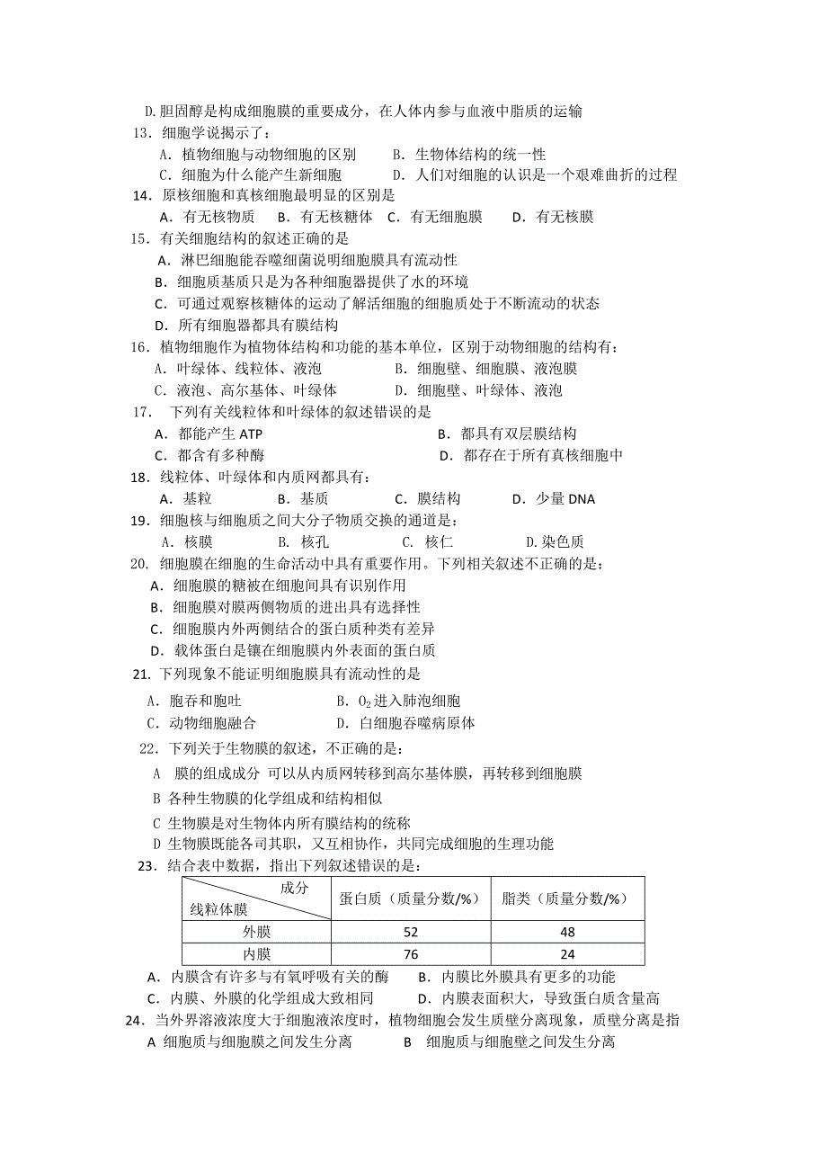 北京市第六十五中学2012-2013学年高二上学期期中达标测试生物试题（无答案）_第2页