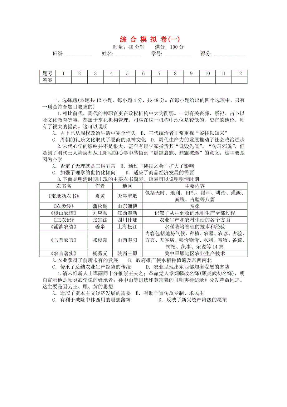 2016届高考历史一轮复习 综合模拟测试卷 新人教版必修3_第1页