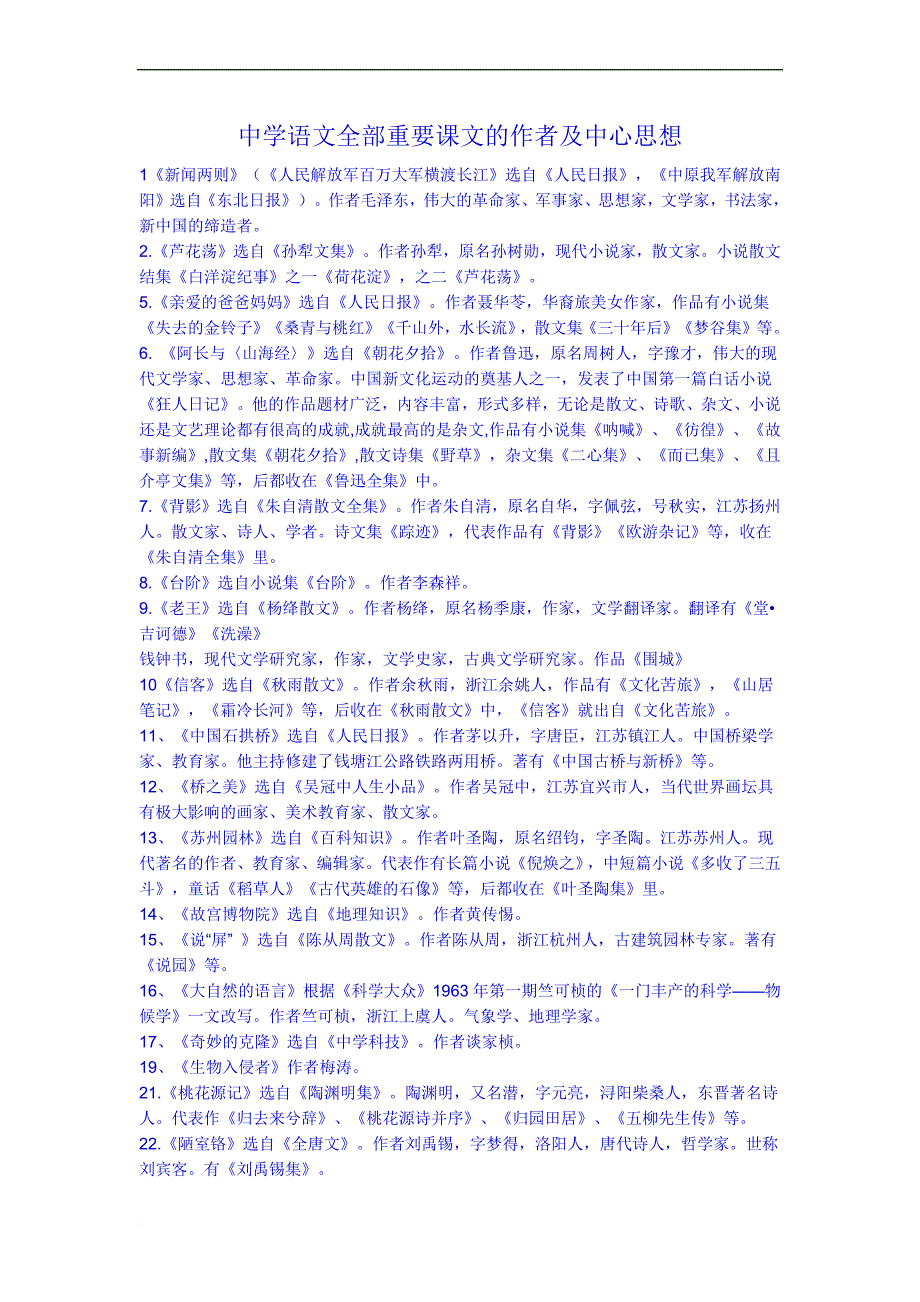 中学语文全部重要课文的作者及中心思想_第1页
